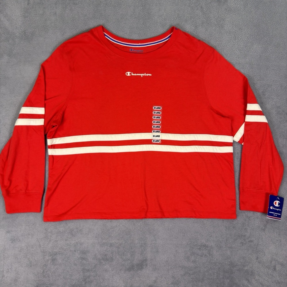 New Champion Shirt Womens XXL Red‎ Long Sleeve Crop Top Heritage Stripe